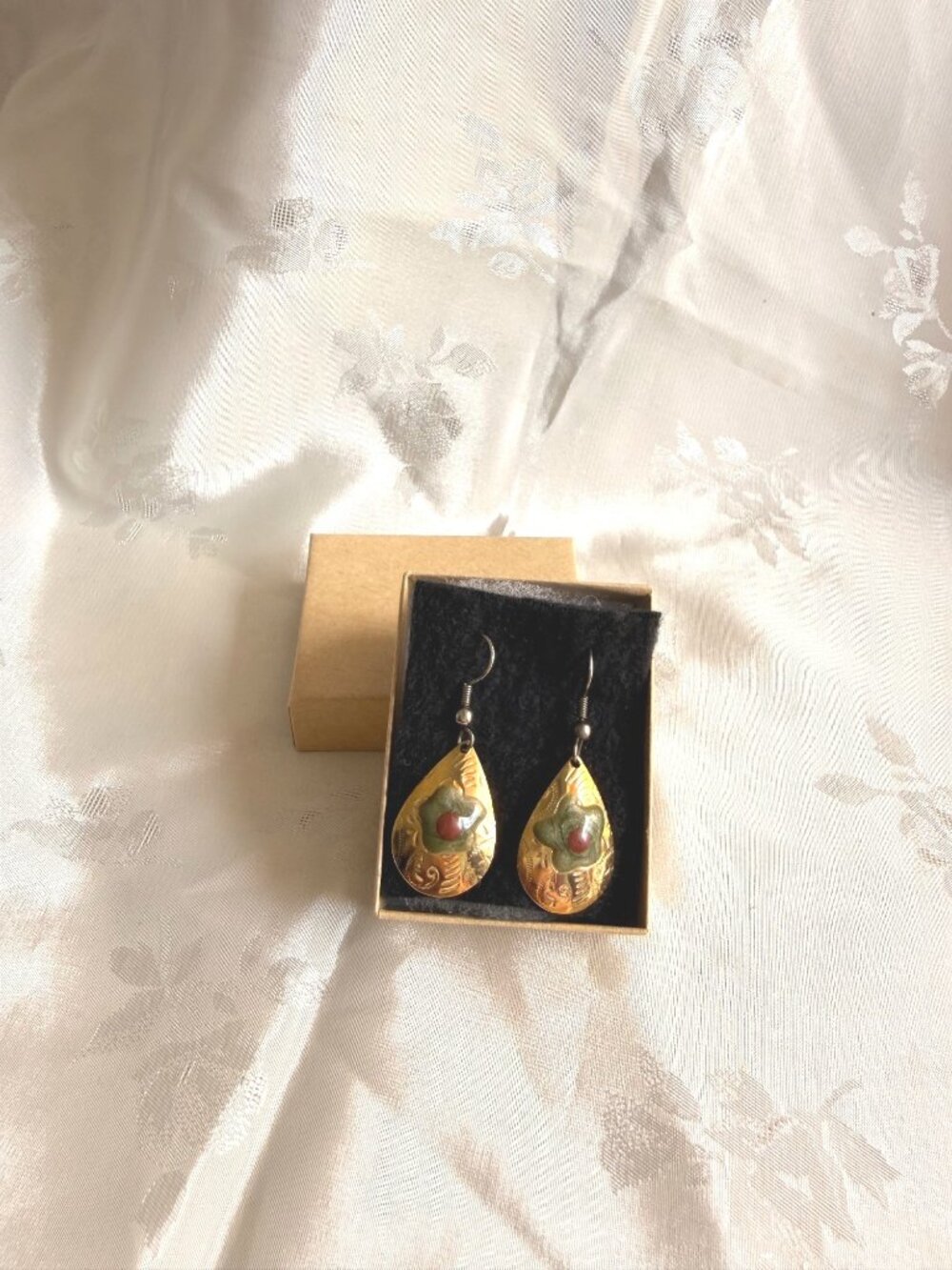 Vintage Gold-Tone Teardrop Earrings w/ Enamel Green & Red Floral Design